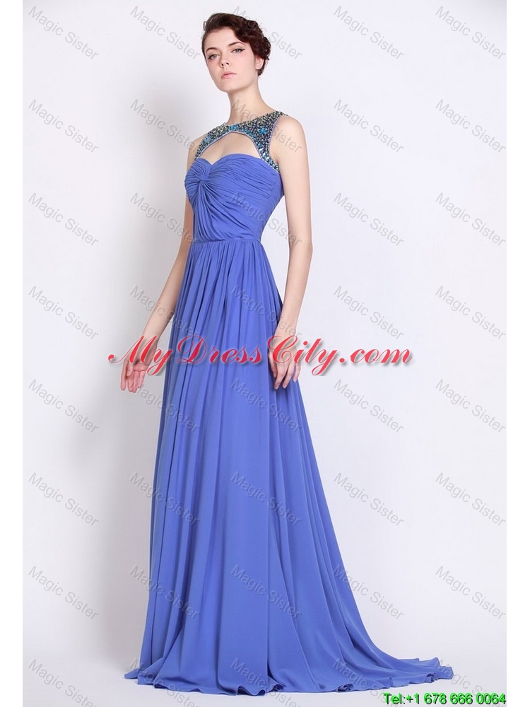Pretty Bateau Zipper Up Blue Prom Dresses with Brush Train