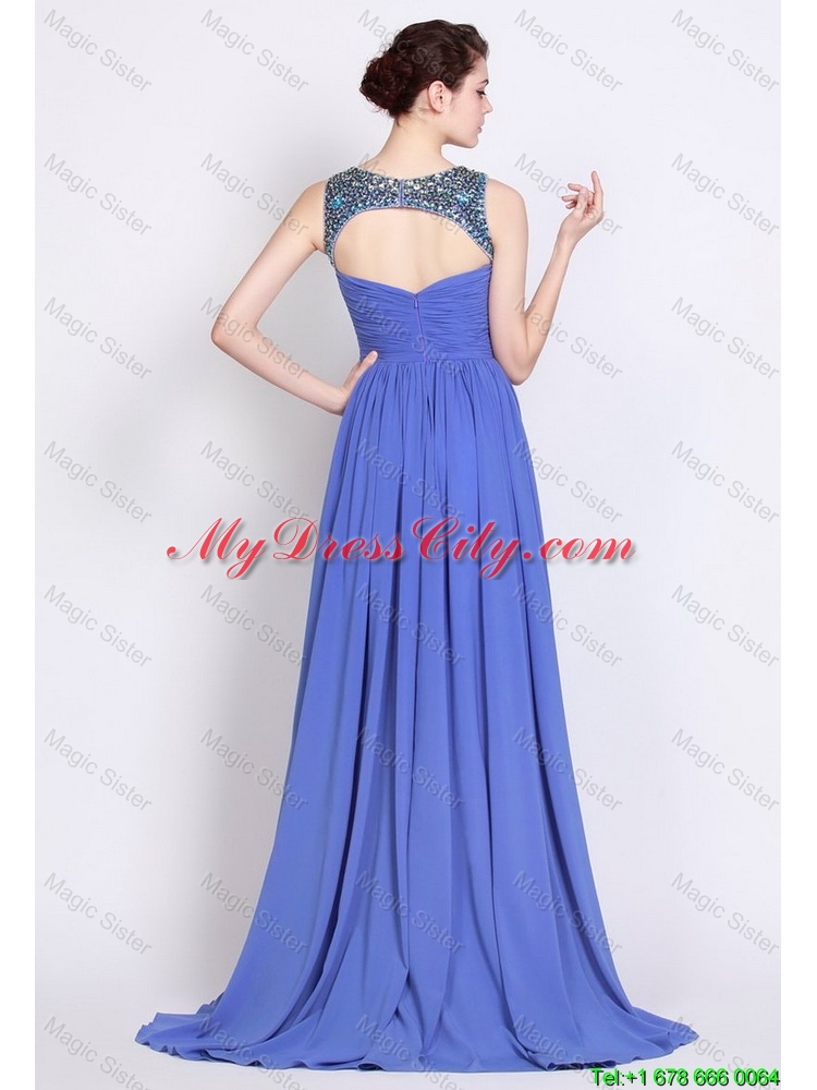 Pretty Bateau Zipper Up Blue Prom Dresses with Brush Train