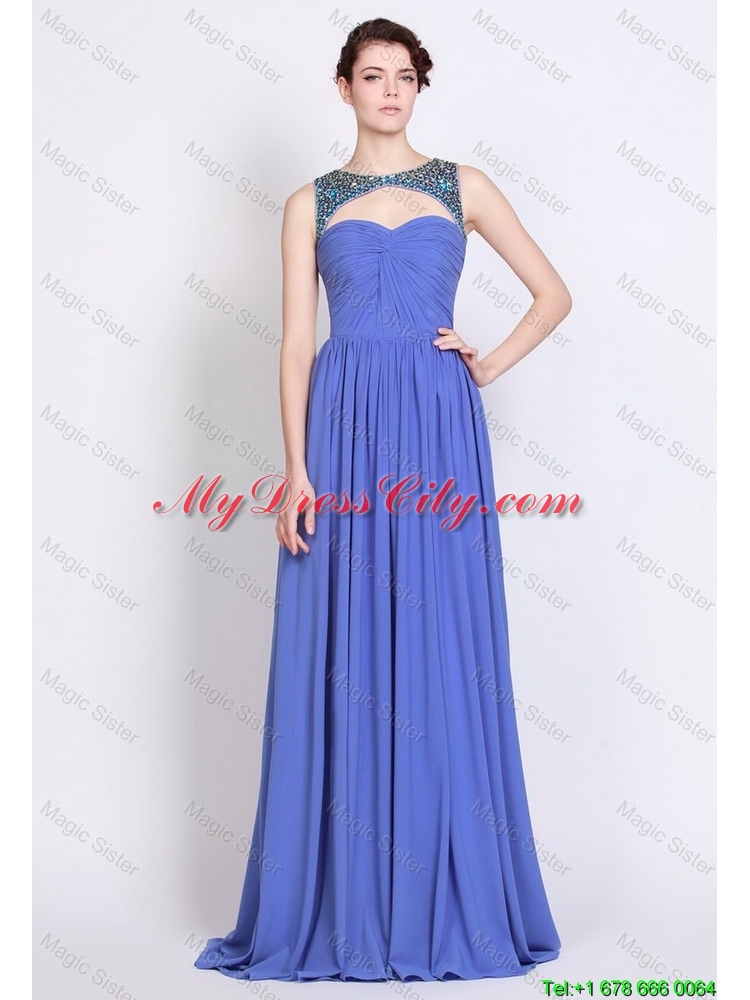 Pretty Bateau Zipper Up Blue Prom Dresses with Brush Train