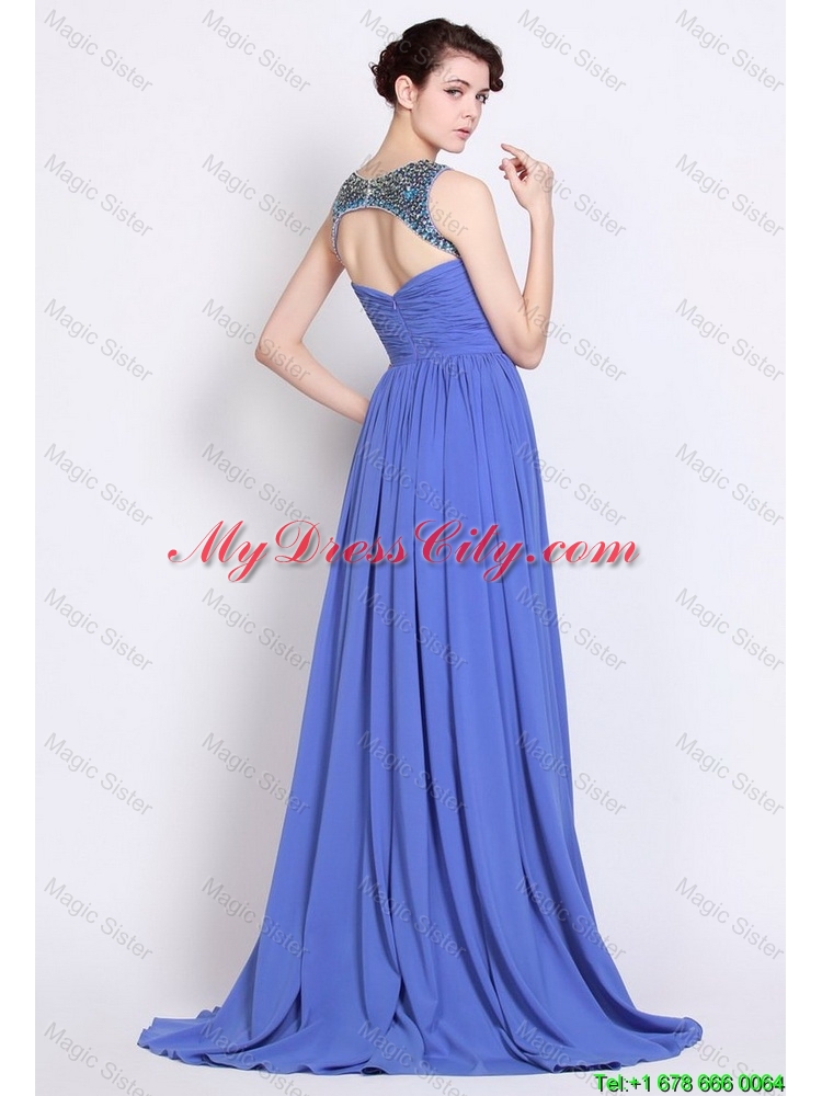 Pretty Bateau Zipper Up Blue Prom Dresses with Brush Train