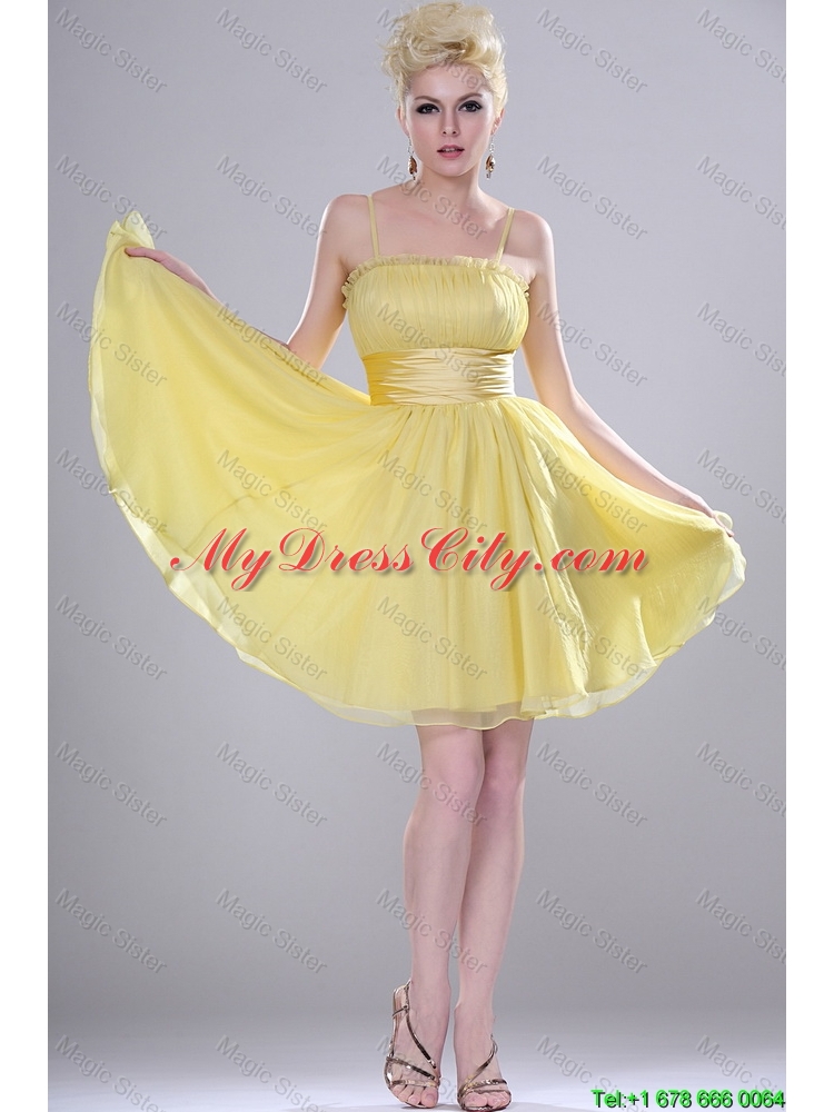Pretty Yellow Mini Length Prom Dresses with Spaghetti Straps