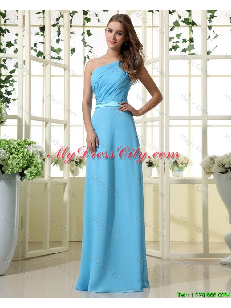 Wonderful One Shoulder Belt and Ruffles Aqua Blue Long Prom Dresses