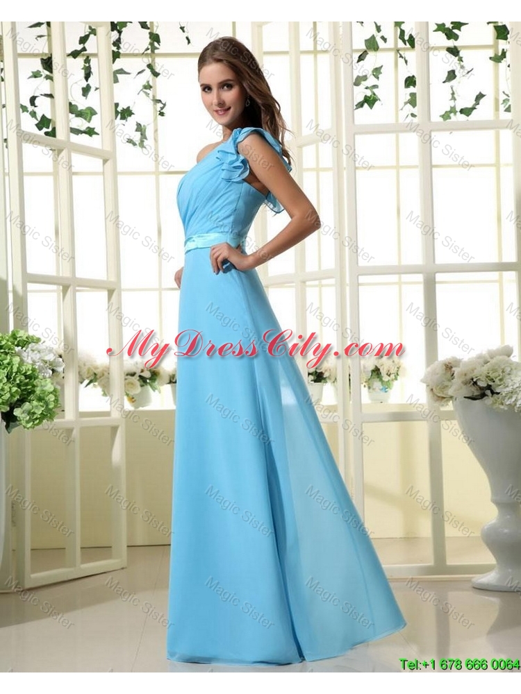 Wonderful One Shoulder Belt and Ruffles Aqua Blue Long Prom Dresses