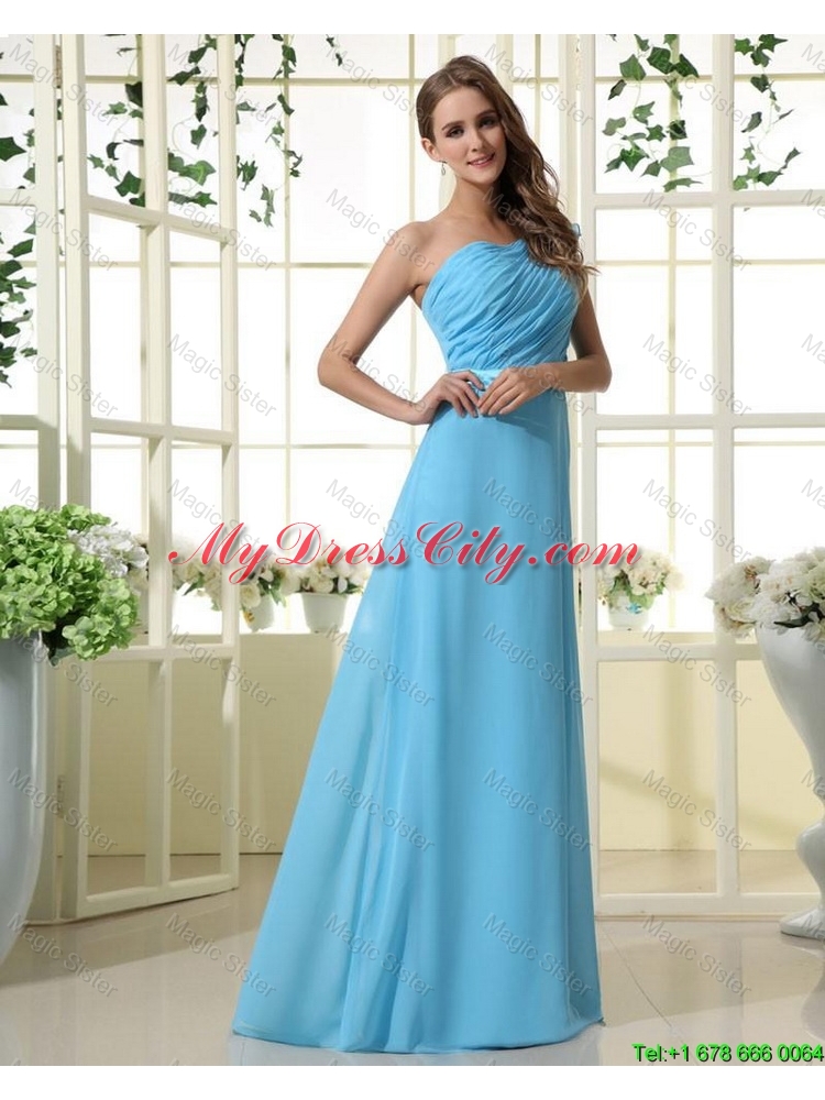 Wonderful One Shoulder Belt and Ruffles Aqua Blue Long Prom Dresses