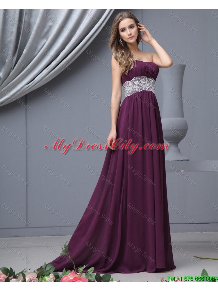 2015 Beautiful Strapless Laced Prom Dresses with Brush Train
