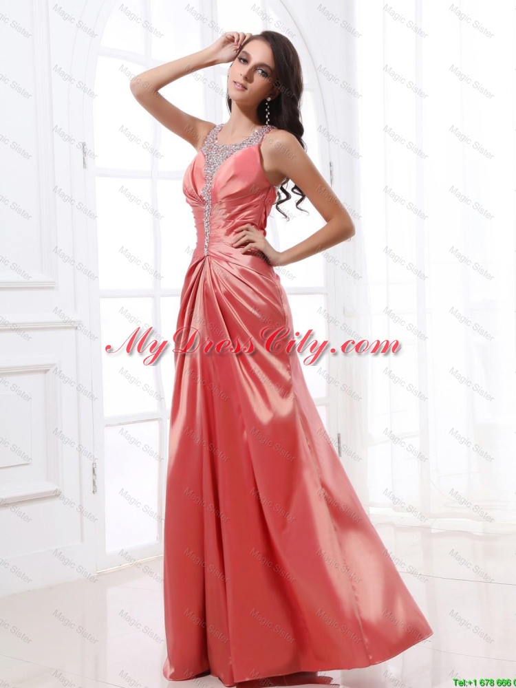2016 New Style V Neck Beading and Ruching Prom Dresses