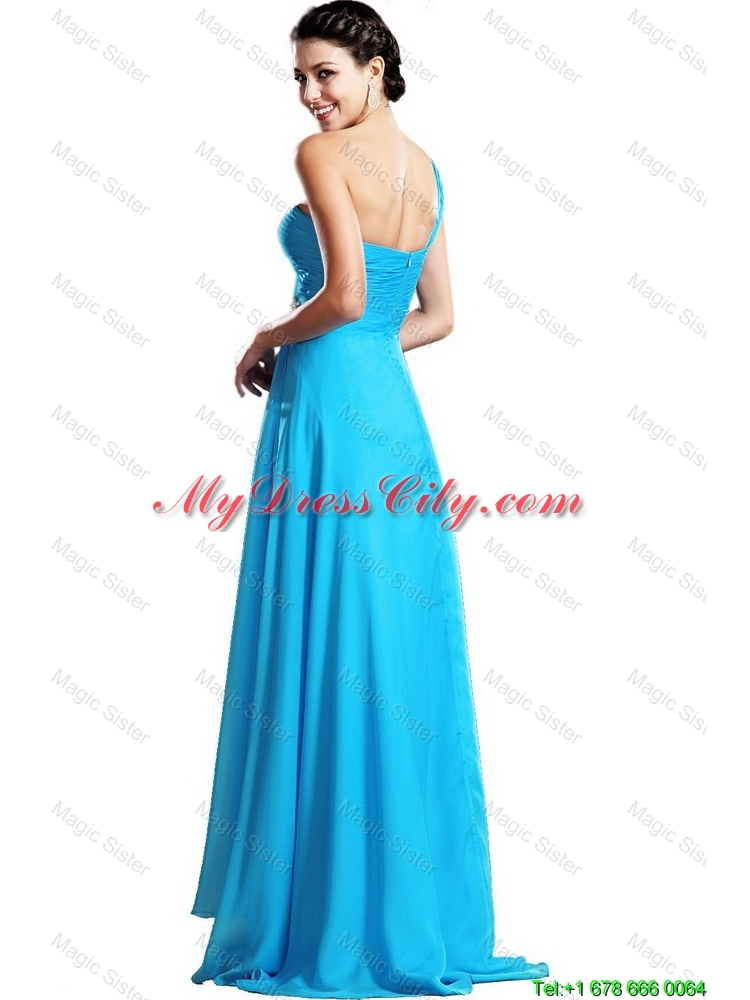 Elegant One Shoulder Aqua Blue Prom Dresses with Brush Train