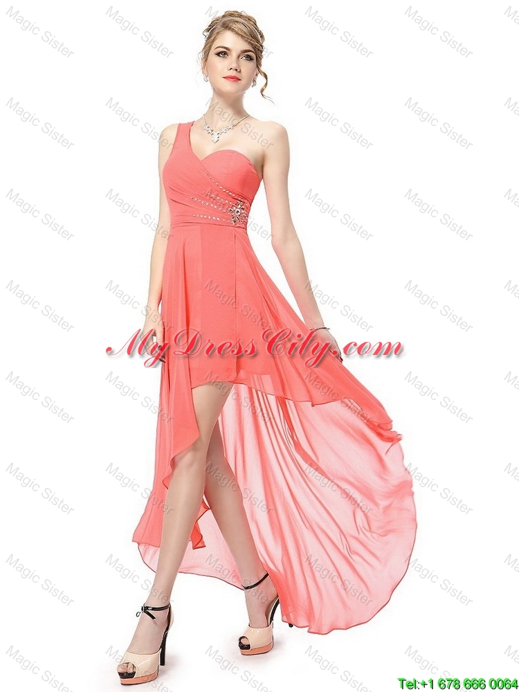 Latest High Low One Shoulder Prom Dresses with Side Zipper