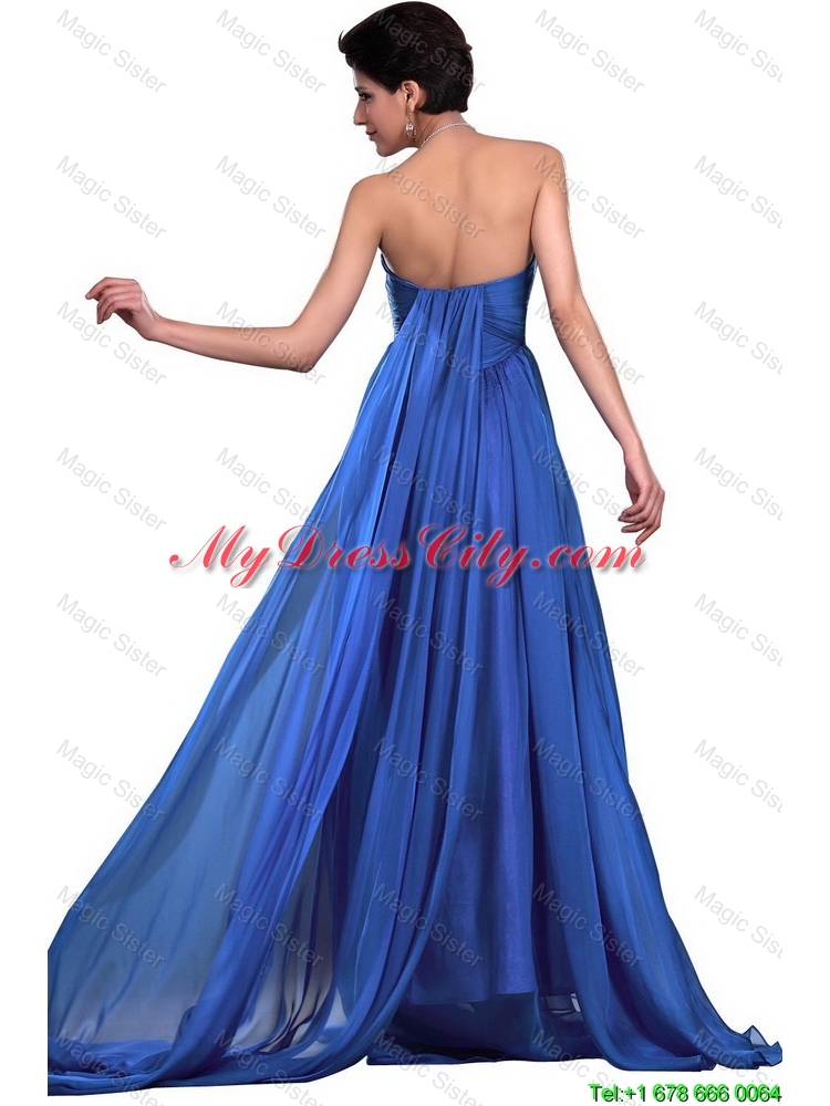 Perfect Sweetheart Ruched Blue Prom Dresses with Brush Train
