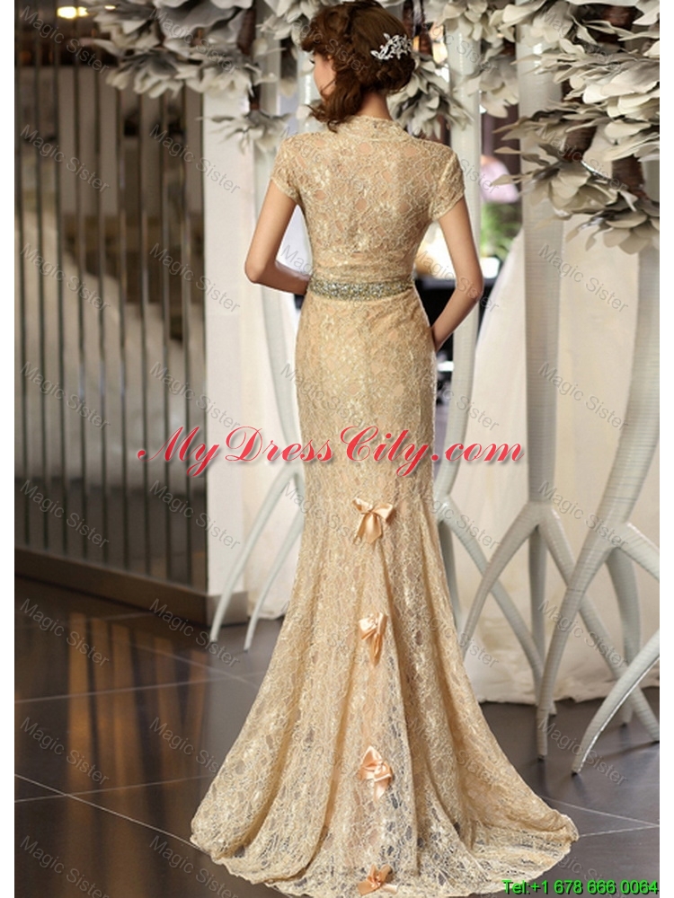 2016 New Style Column V Neck Lace Prom Dresses with Brush Train
