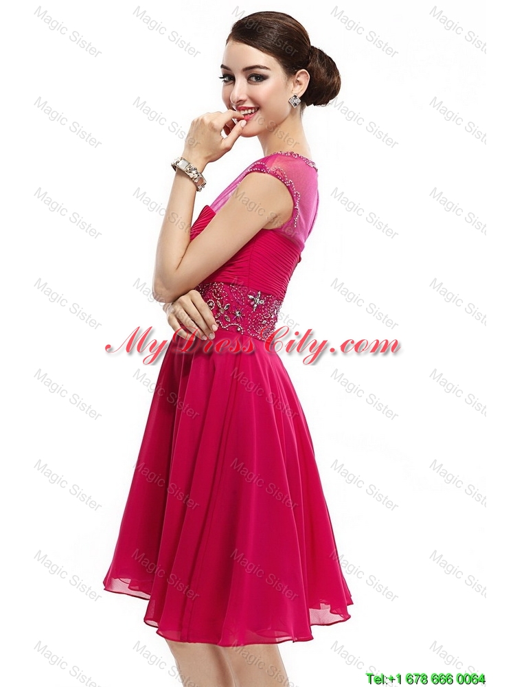 Beautiful Mini Length Scoop Hot Pink Prom Dresses with Cap Sleeves
