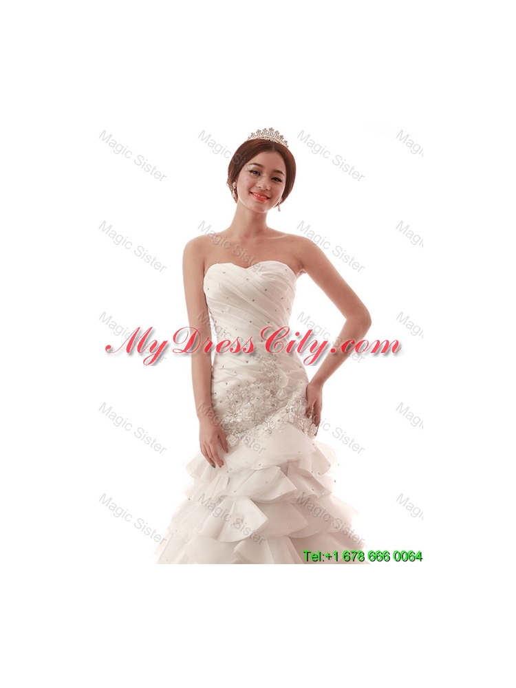 Popular Beading and Ruffles White Wedding Dress with Brush Train