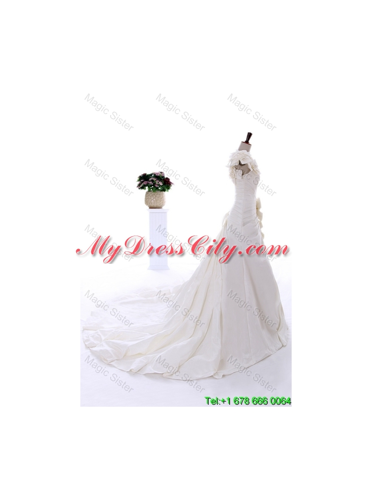 Exclusive Beading and Hand Made Flowers White Wedding Dresses with Court Train