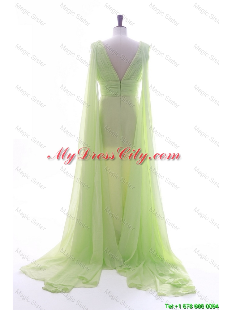Romantic Empire V Neck Ruching and Pleats Prom Dresses with Watteau Train