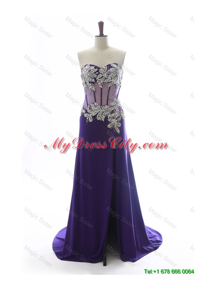 Gorgeous Sweetheart Beading Brush Train Prom Dresses in Purple