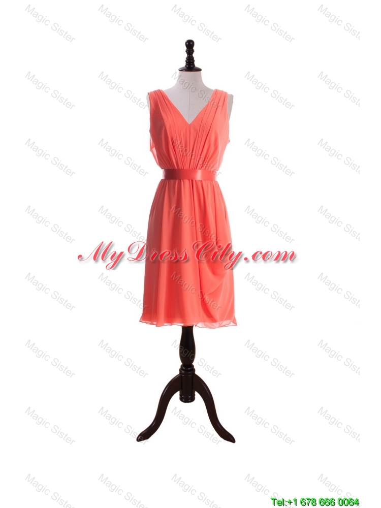 Gorgeous Empire V Neck Prom Dresses with Sashes in Watermelon