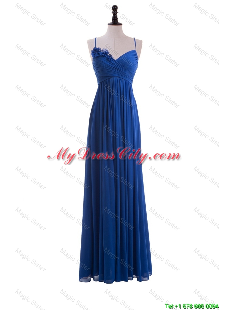 Custom Made Empire Spaghetti Straps Ruching Prom Dresses with Hand Made Flowers