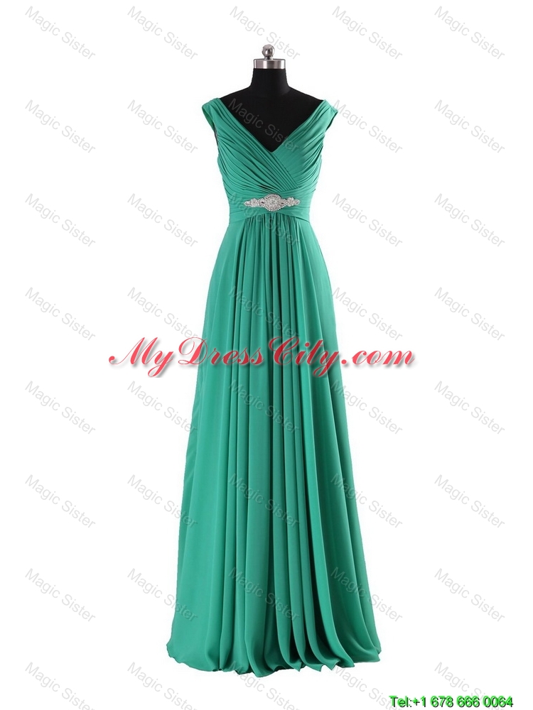 Simple V Neck Beading and Ruching Long Prom Dresses for 2016 Autumn