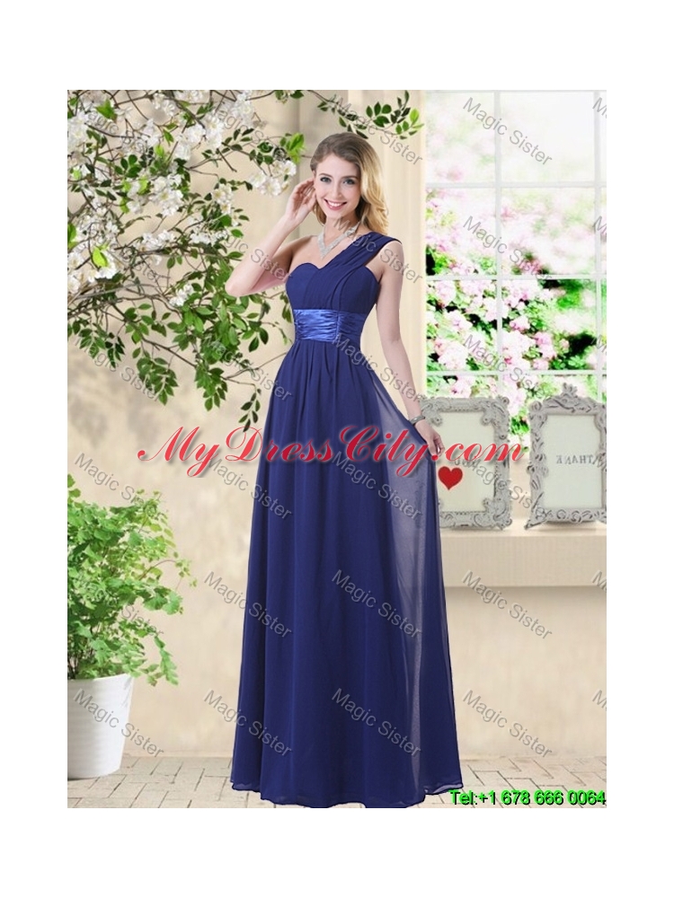 Cheap One Shoulder Floor Length Dama Dresses in Navy Blue