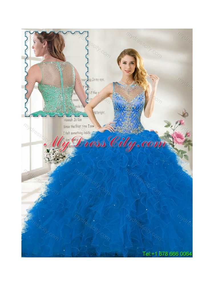 Fall Perfect Scoop Ruffles Blue Sweet 16 Gown with Beading