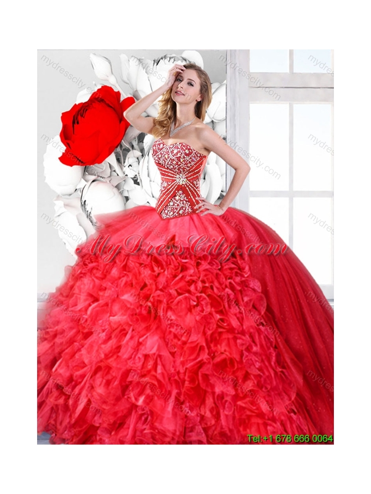 2016 Fall Red Sweetheart Perfect Quinceanera Gowns with Beading