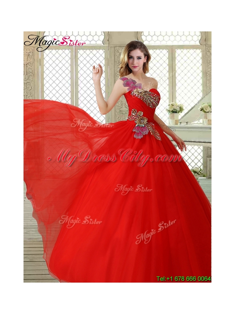 Hot Sale Appliques and Beading Sweet 16 Dresses with One Shoulder