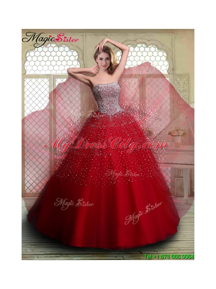 Luxurious Strapless Beading Quinceanera Dresses in Wine Red for Spring