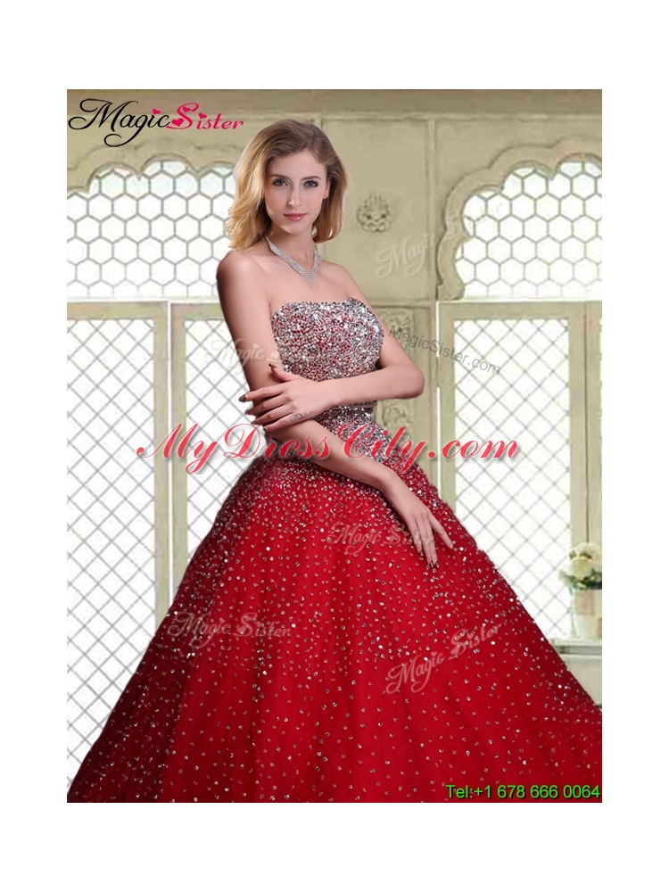 Luxurious Strapless Beading Quinceanera Dresses in Wine Red for Spring