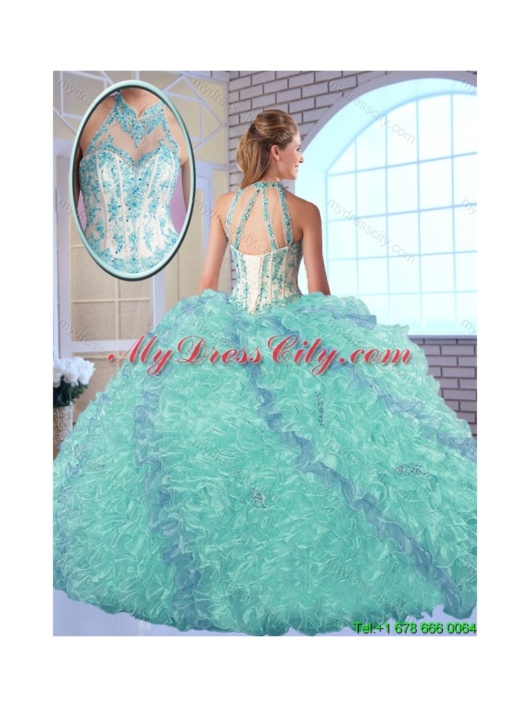 2016 Cheap Appliques and Ruffles Quinceanera Gowns with High Neck