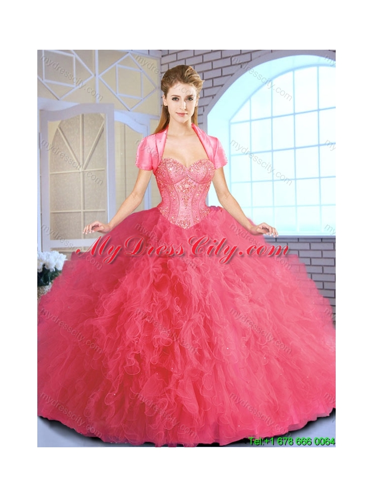 2016 Elegant Ruffles and Sequins Quinceanera Gowns in Coral Red