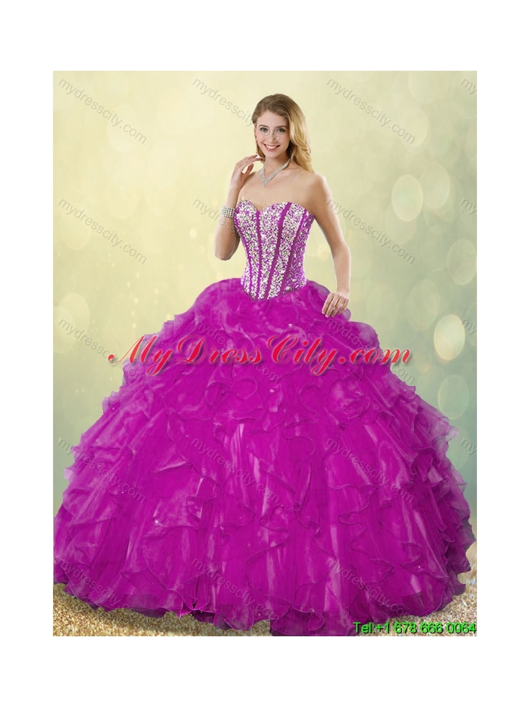 2016 Latest Ball Gown Fuchsia Quinceanera Dresses with Beading