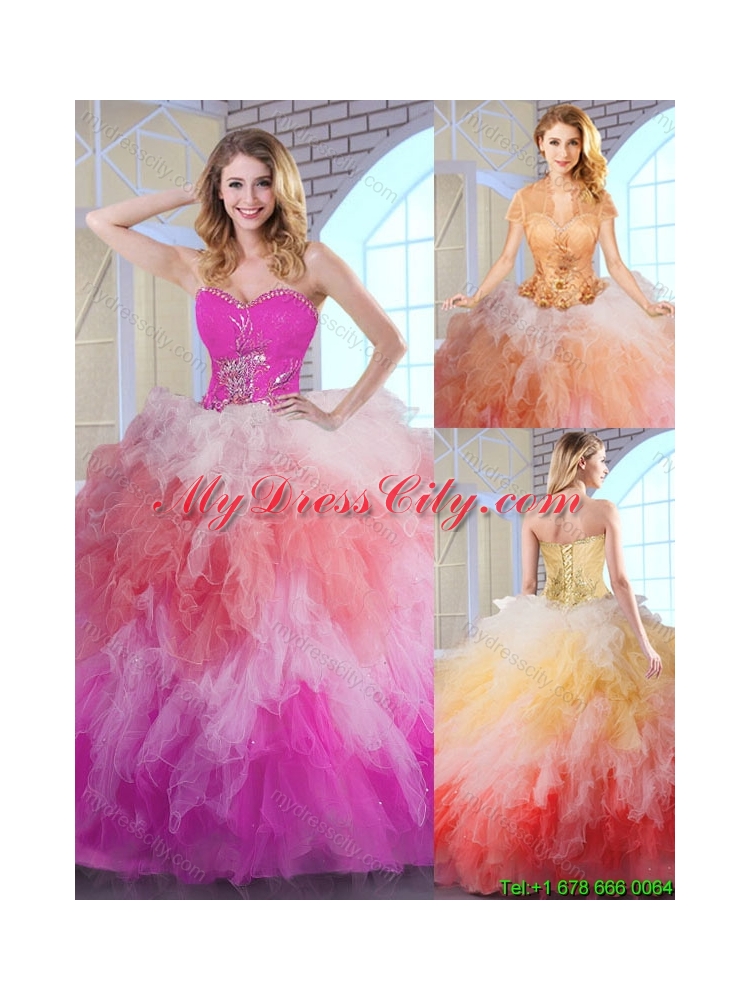 2016 Popular Multi Color Quinceanera Gowns with Appliques and Ruffles