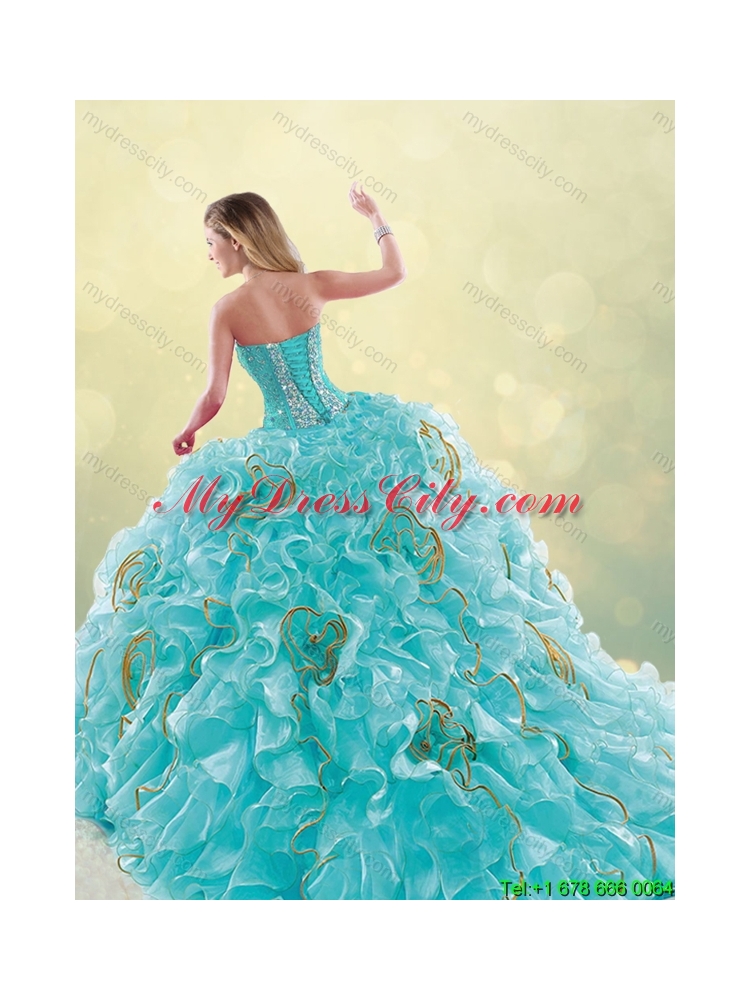 2016 Luxurious Brush Train Sweetheart Quinceanera Dresses in Aqua Blue
