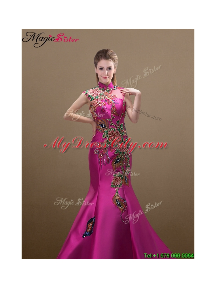 2016 New Style Mermaid Brush Train Prom Dresses with Appliques and Beading