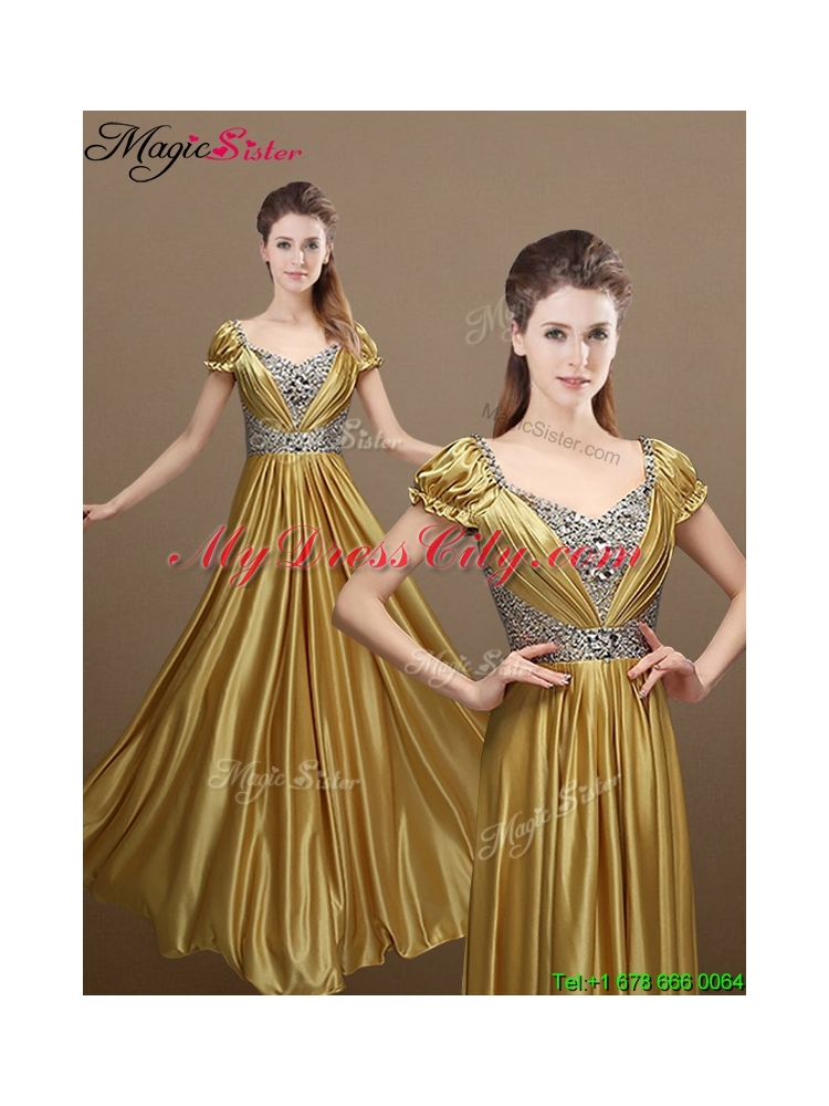 Elegant Empire Short Sleeves Beading Prom Dresses for 2016