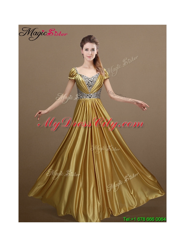 Elegant Empire Short Sleeves Beading Prom Dresses for 2016