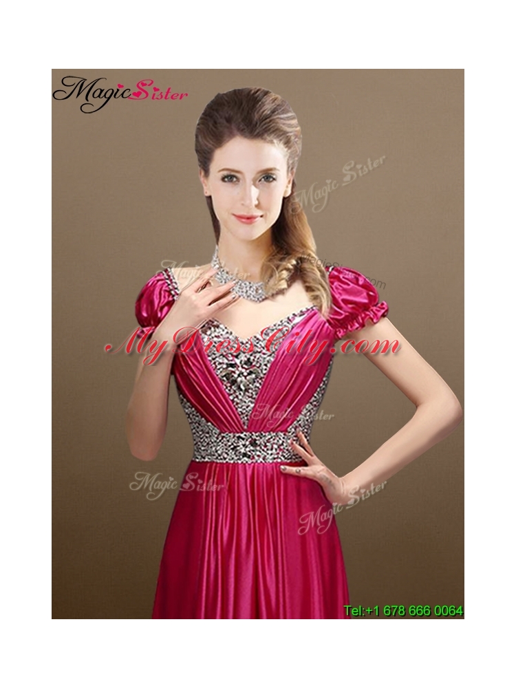 Elegant Empire Short Sleeves Beading Prom Dresses for 2016