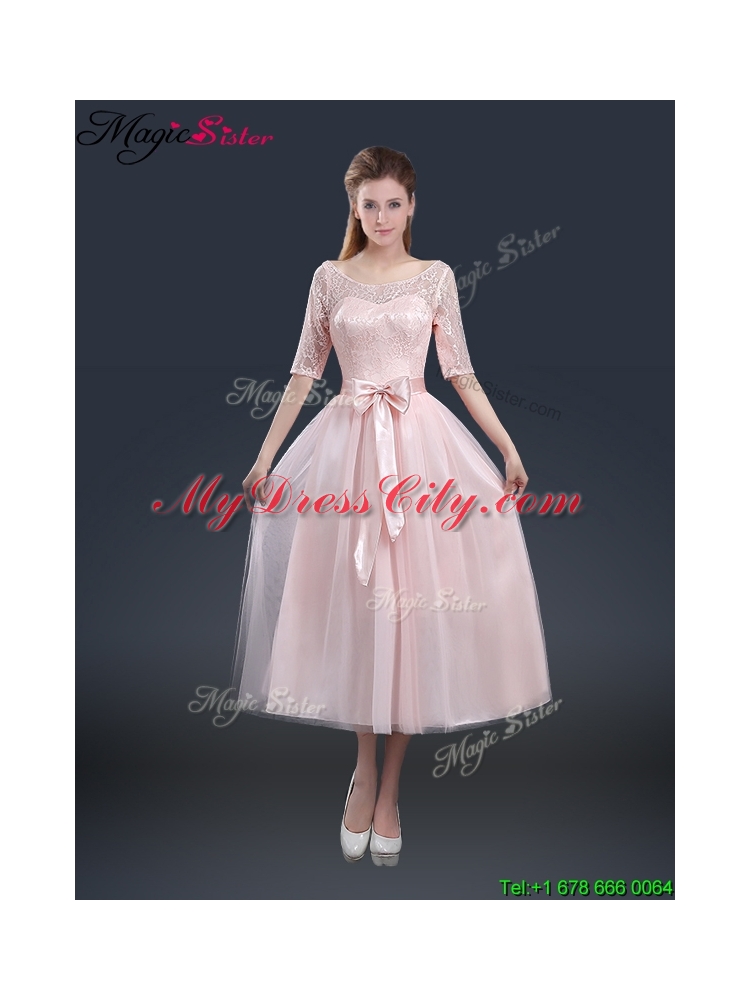 2016 Elegant Tea Length Prom Dresses with Lace and Bowknot