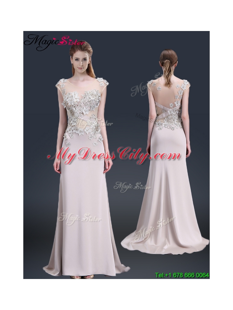 2016 Luxurious Brush Train Cap Sleeves Prom Dresses with Appliques
