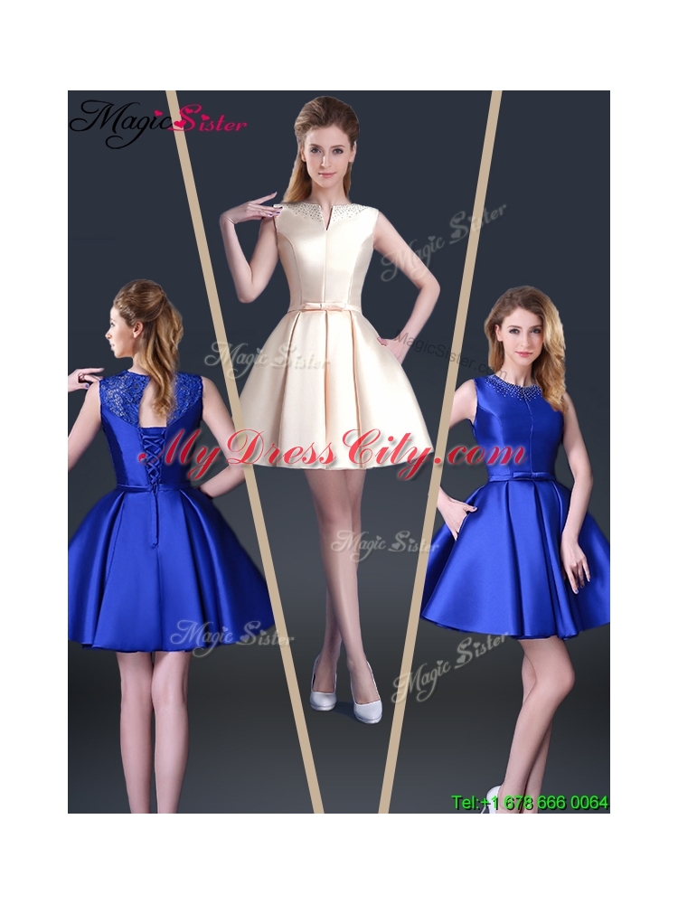 Beautiful Short Bateau Prom Dresses with Bowknot and Beading