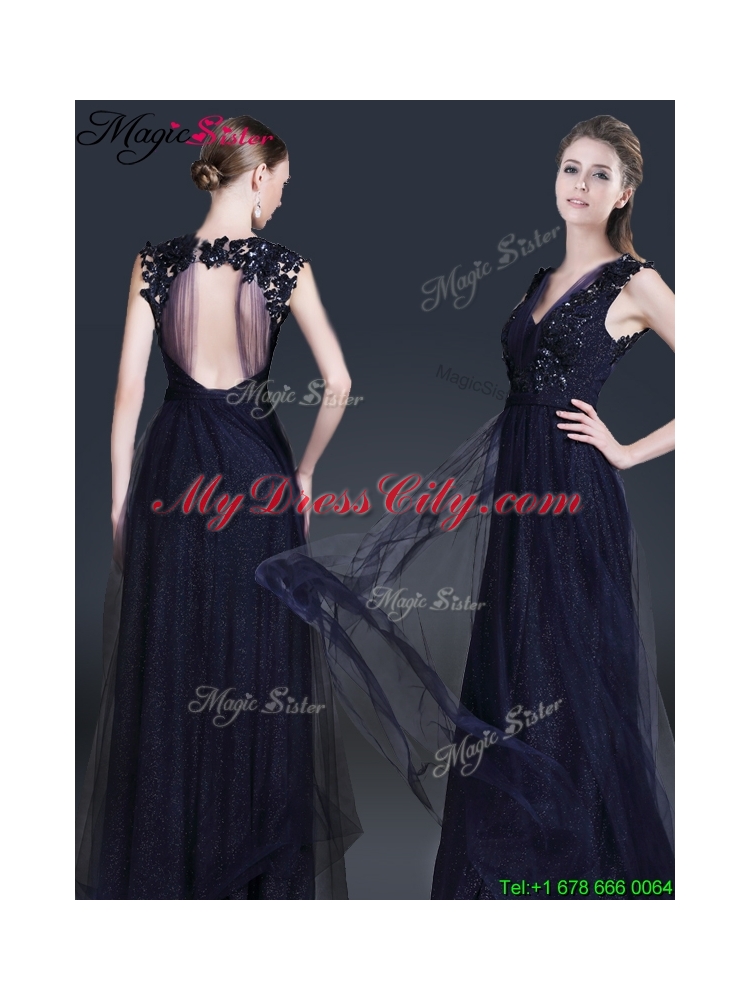 Fashionable V Neck Paillette Prom Dresses in Navy Blue for 2016
