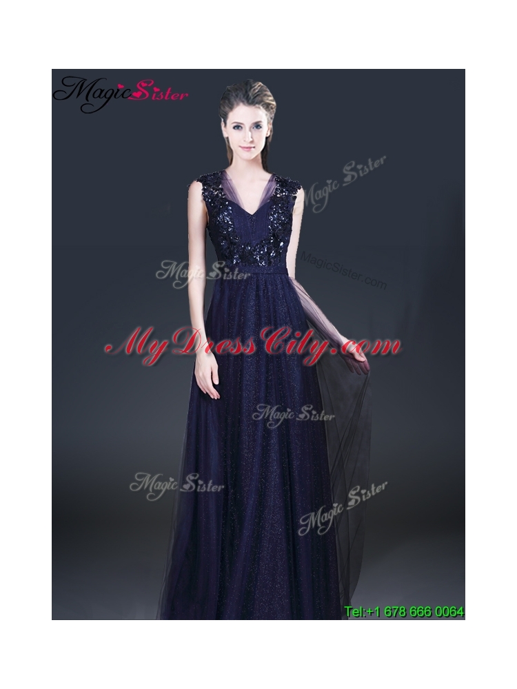 Fashionable V Neck Paillette Prom Dresses in Navy Blue for 2016