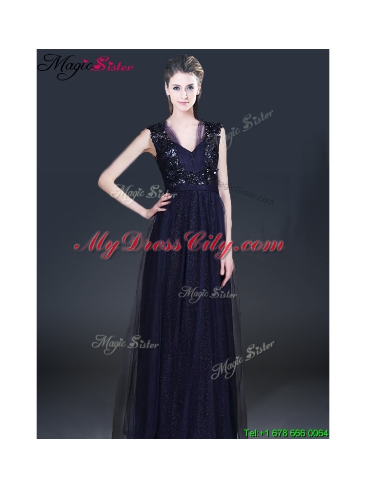 Fashionable V Neck Paillette Prom Dresses in Navy Blue for 2016
