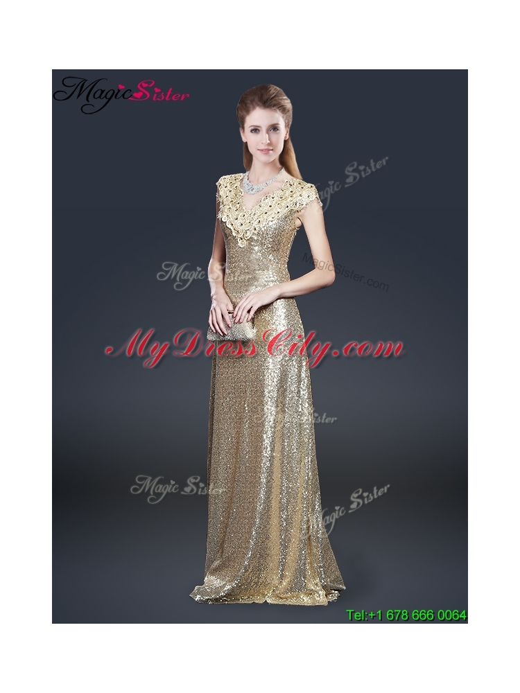 Perfect V Neck Sequins Prom Dresses in Champagne