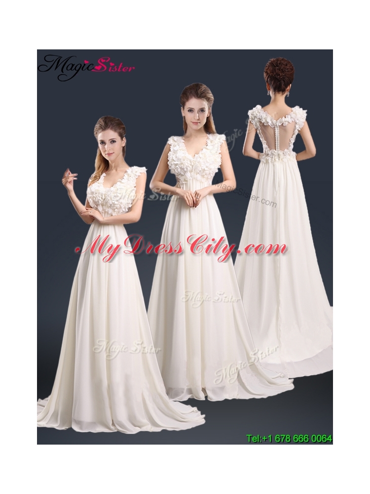 Pretty V Neck Empire Prom Dresses with Appliques