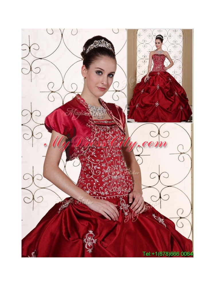 2016 Classic   Embroidery Wine Red Strapless Quinceanera Dresses