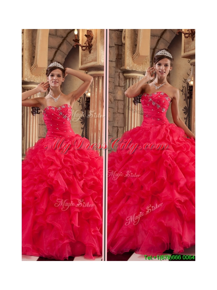 2016  Designer Red Sweetheart Quinceanera Gowns with Ruffles