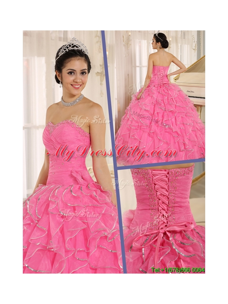 2016 Popular Ruffles and Beading Quinceanera Dresses in Rose Pink