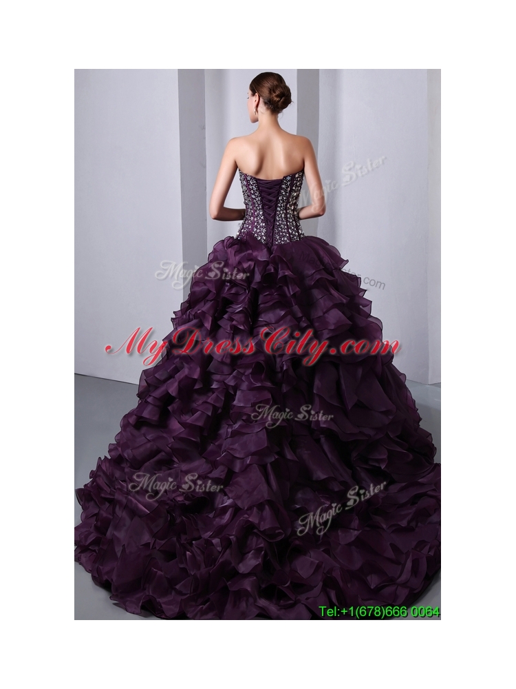 Best  Sweetheart Beading and Ruffles Quinceanea Dresses with Brush Train