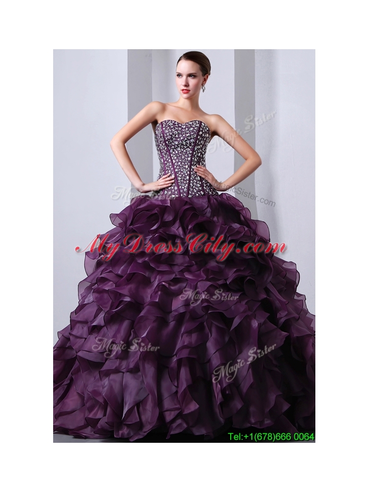 Best  Sweetheart Beading and Ruffles Quinceanea Dresses with Brush Train